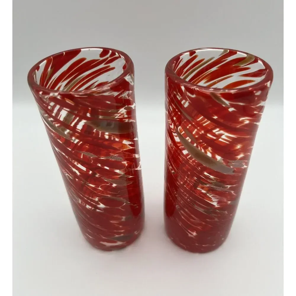 Hand Blown 7” Art Glass Drinking Glasses Vase Red & Gold Confetti Ribbon Swirl